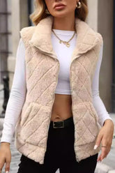Fuzzy Plaid Texture Zip Up Vest Coat Tan OutfitFlow
